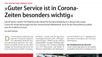TÜV Rheinland Award 2020: "Guter Service ist in Corona- Zeiten besonders wichtig"