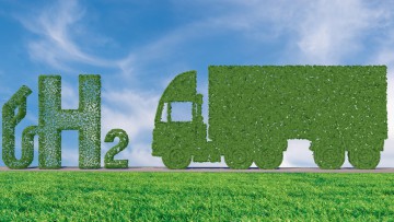 Wasserstoff als alternativer Antrieb symbolisiert durch einen grünen Lkw und dem Schriftzug "H2".