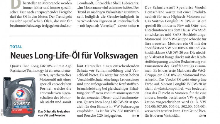 Total: Neues Long-Life-Öl für Volkswagen
