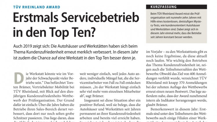 TÜV Rheinland Award: Erstmals Servicebetrieb in den Top Ten?