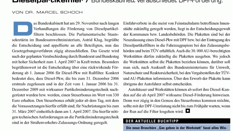 Ausgabe 01-02/2007: Dieselpartikelfiler / Bundeskabinett verabschiedet ...
