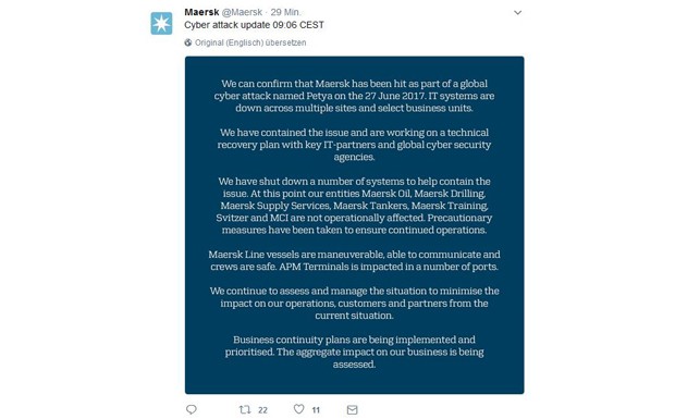 Reederei Maersk von Cyber-Attacke lahm gelegt