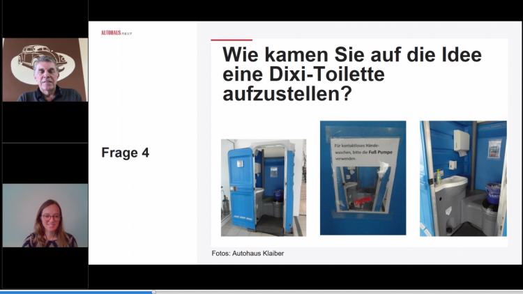 Kreative Hygienemaßnahme: Dixi-Toilette im Autohaus Klaiber