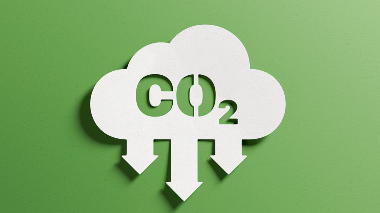 Eine weiße Wolke mit grünen Pfeilen symbolisiert die Reduzierung von CO2.